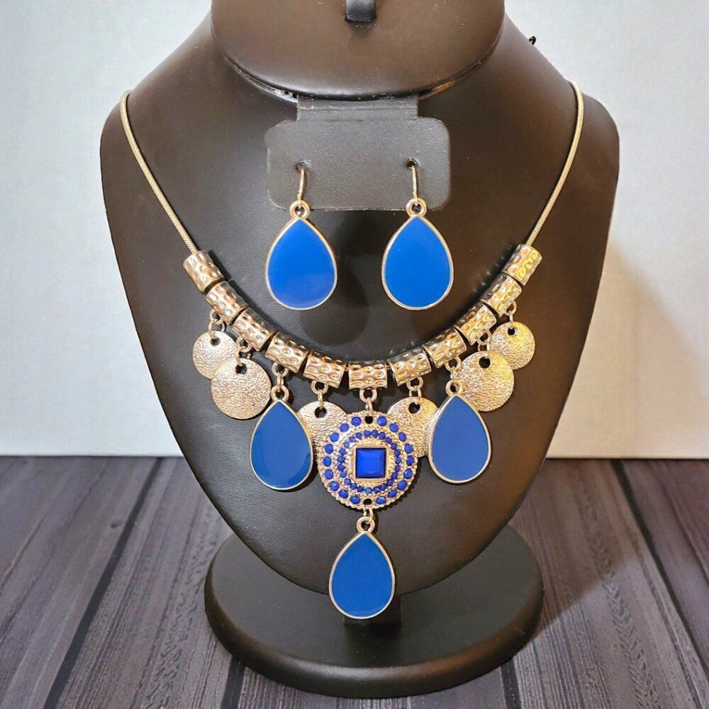 Cobalt Blue & Silver Bib Necklace Set - Boho Tribal Coin Statement Jewelry